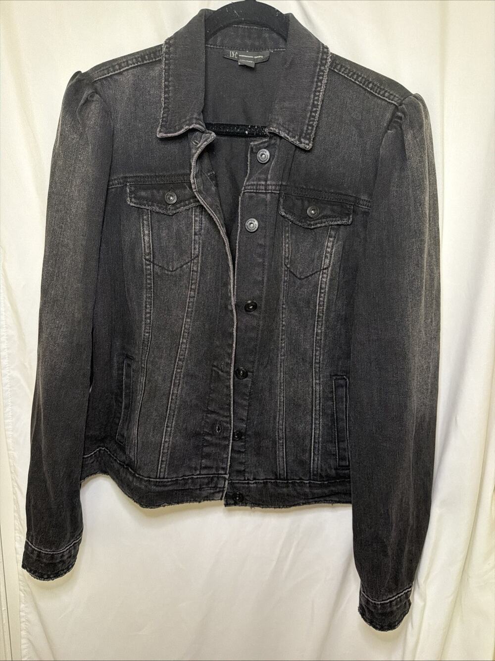 INC International Concepts Women's Jean Jacket L Collared Pockets - Puff Sleeve